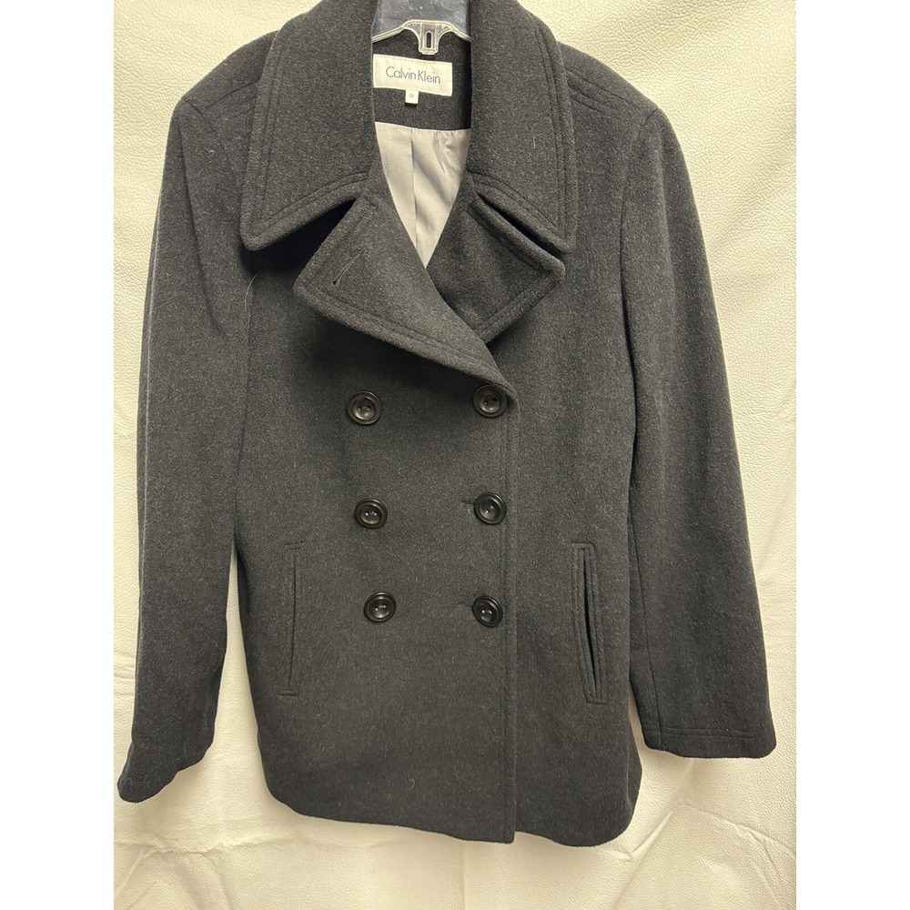 Calvin Klein Women's Black Wool Blend Pea Coat Lined Size 12 Classic Quality